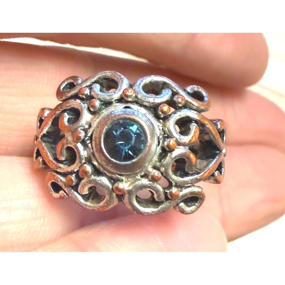 Vintage Blue Stone Filigree Ring Size 6 Mixed Metal Copper Silver Tone Scroll
